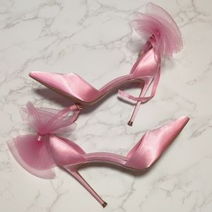 Dream Pairs Pink Satin Heels with Tulle Bow